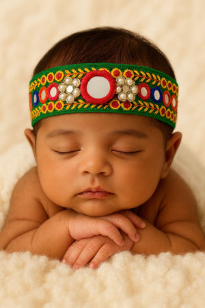 Choko Embroidered Hairband Set for Girls - 2 Pc Traditional with Mirror Work, Beads and Shells - Hair Accessories