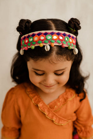 Choko Embroidered Hairband Set for Girls - 2 Pc Traditional with Mirror Work, Beads and Shells - Hair Accessories
