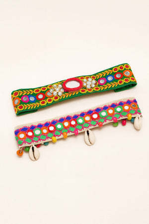 Choko Embroidered Hairband Set for Girls - 2 Pc Traditional with Mirror Work, Beads and Shells - Hair Accessories