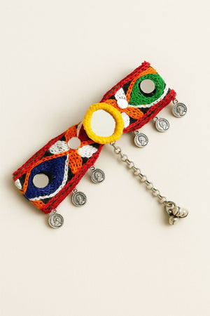 Choko Embroidered Red Base Hair Clip with Colorful Thread, Mirrors & Silver Coins for Festive Look - Hair Accessories