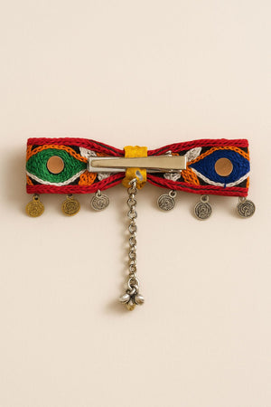 Choko Embroidered Red Base Hair Clip with Colorful Thread, Mirrors & Silver Coins for Festive Look - Hair Accessories