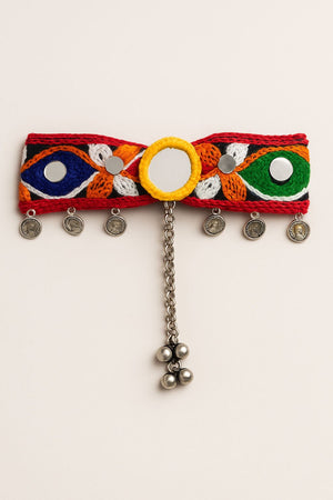 Choko Embroidered Red Base Hair Clip with Colorful Thread, Mirrors & Silver Coins for Festive Look - Hair Accessories