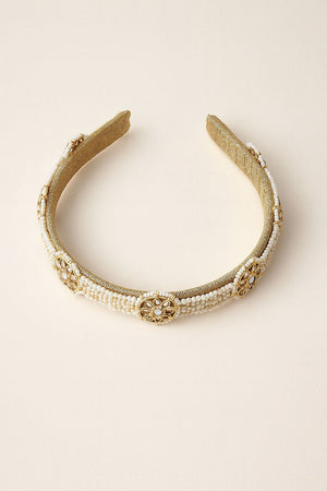 Choko Ethnic Crystal Pearl Hairband with Rows of Pearls and Crystals for Girls - Classic White - Hair Accessories