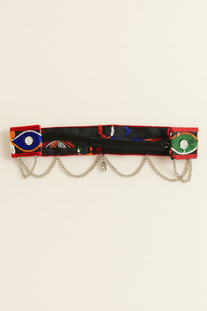 Choko Ethnic Hairband for Girls - Red Base with Mirror Work, Silver Charm & Colorful Threads - Hair Accessories