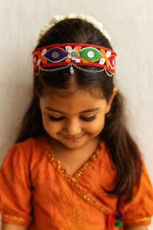Choko Ethnic Hairband for Girls - Red Base with Mirror Work, Silver Charm & Colorful Threads - Hair Accessories