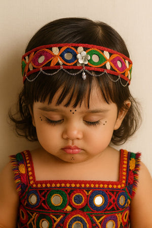 Choko Ethnic Hairband for Girls - Red Base with Mirror Work, Silver Charm & Colorful Threads - Hair Accessories