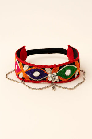 Choko Ethnic Hairband for Girls - Red Base with Mirror Work, Silver Charm & Colorful Threads - Hair Accessories