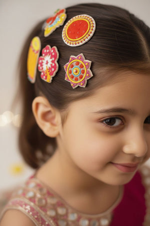 Choko Festive Hair Clips â€“ Set of 5 Sequin Clips â€“ Ganesha, Dhol, Rangoli & Floral Motifs - Hair Accessories