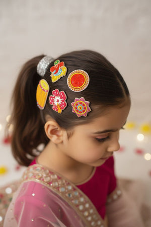 Choko Festive Hair Clips â€“ Set of 5 Sequin Clips â€“ Ganesha, Dhol, Rangoli & Floral Motifs - Hair Accessories