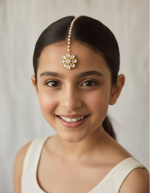 Choko Floral Kundan Maangtikka for Girls & Kids - Gold Tone with Clear Stone Detail - Kids Jewellery