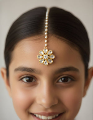 Choko Floral Kundan Maangtikka for Girls & Kids - Gold Tone with Clear Stone Detail - Kids Jewellery