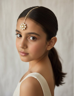 Choko Floral Kundan Maangtikka for Girls & Kids - Gold Tone with Clear Stone Detail - Kids Jewellery