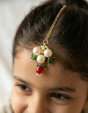 Choko Floral Kundan Maangtikka for Girls & Kids - Red & Green Mirror Detail - Kids Jewellery