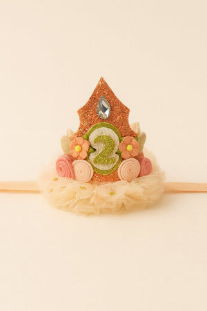 Choko Girls 2nd Birthday Crown Hair Band - Peach Gold Floral Tulle | Party Hair Accessory - Gift Hair Accessories