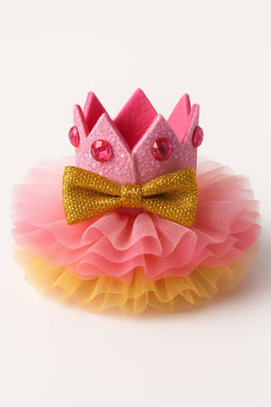 Choko Girls Birthday Crown Hair Clip - Pink with Jewels & Gold Bow | Kids Party Hair Accessory - Gift Hair Accessories