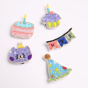 Choko Girls Birthday Hairclips Set of 5 - Cake Cupcake Hat Cat Banner | Kids Party Clips - Gift Hair Accessories