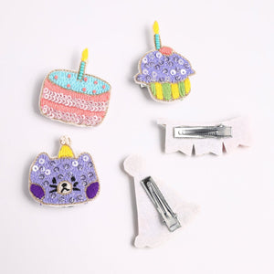 Choko Girls Birthday Hairclips Set of 5 - Cake Cupcake Hat Cat Banner | Kids Party Clips - Gift Hair Accessories