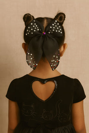 Choko Girls Black Organza Bow Alligator Clip With Halloween Theme For Festive Parties - Hair Accessories