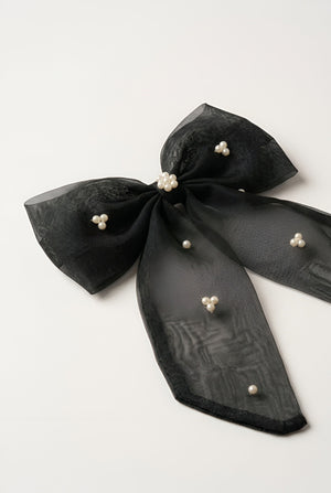 Choko Girls Black Organza Bow Alligator Clip With Pearl Accents For Festive Parties - Hair Accessories