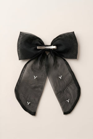 Choko Girls Black Organza Bow Alligator Clip With Pearl Accents For Festive Parties - Hair Accessories