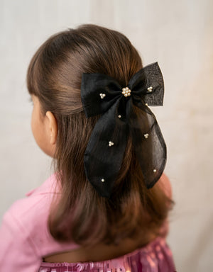 Choko Girls Black Organza Bow Alligator Clip With Pearl Accents For Festive Parties - Hair Accessories