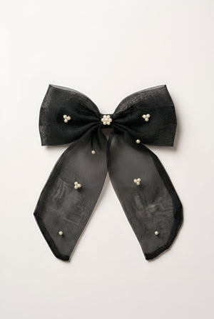 Choko Girls Black Organza Bow Alligator Clip With Pearl Accents For Festive Parties - Hair Accessories