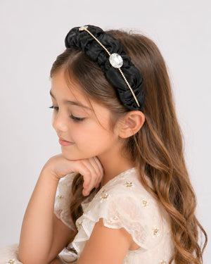 Choko Girls Black Ruched Satin Hairband With Crystal Chain For Everyday Versatile Styling - Hair Accessories