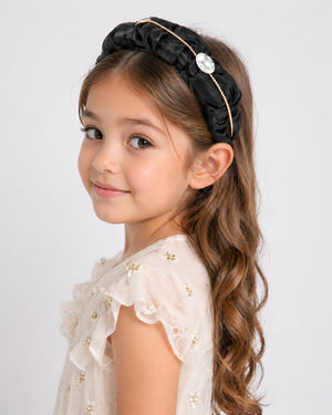 Choko Girls Black Ruched Satin Hairband With Crystal Chain For Everyday Versatile Styling - Hair Accessories