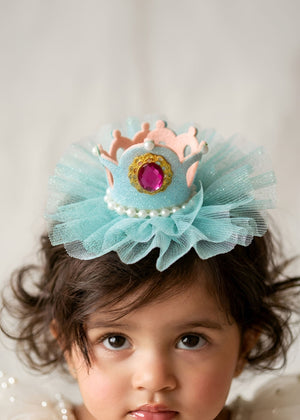 Choko Girls Blue Shimmering Tulle Crown Hair Clip With Central Pink Jewel For Parties - Gift Hair Accessories