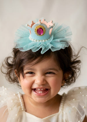 Choko Girls Blue Shimmering Tulle Crown Hair Clip With Central Pink Jewel For Parties - Gift Hair Accessories
