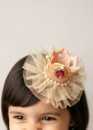 Choko Girls Gold Glitter Crown Hair Clip With Pink Gemstone For Birthday Celebrations - Gift Hair Accessories