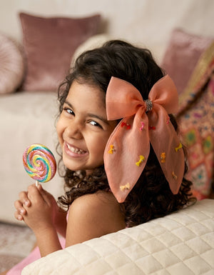 Choko Girls Peach Organza Bow Alligator Clip With Tiny Motifs As Festive Party Wear - Hair Accessories