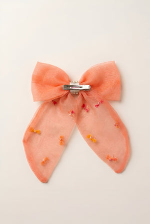 Choko Girls Peach Organza Bow Alligator Clip With Tiny Motifs As Festive Party Wear - Hair Accessories