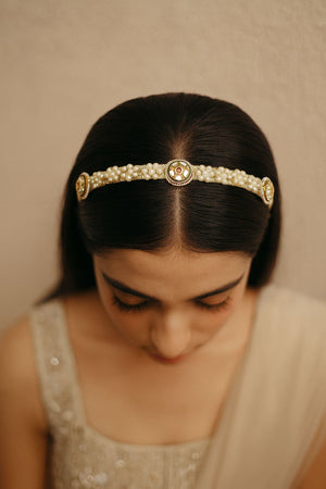 CHOKO Girls Pearl Headband with Kundan Discs & Golden Thread Base - Cream | Kids Accessory - Hair Accessories