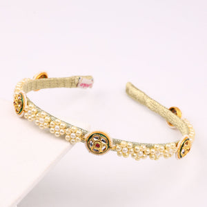 CHOKO Girls Pearl Headband with Kundan Discs & Golden Thread Base - Cream | Kids Accessory - Hair Accessories