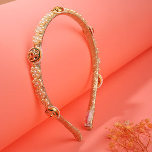 CHOKO Girls Pearl Headband with Kundan Discs & Golden Thread Base - Cream | Kids Accessory - Hair Accessories