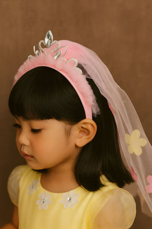 Choko Girls Pink Crown Hairband with Veil - Hair Accessories