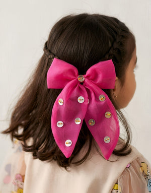 Choko Girls Pink Organza Bow Alligator Clip With Mirror Disc Accents For Festive Parties - Hair Accessories