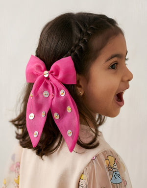 Choko Girls Pink Organza Bow Alligator Clip With Mirror Disc Accents For Festive Parties - Hair Accessories