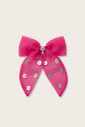 Choko Girls Pink Organza Bow Alligator Clip With Mirror Disc Accents For Festive Parties - Hair Accessories