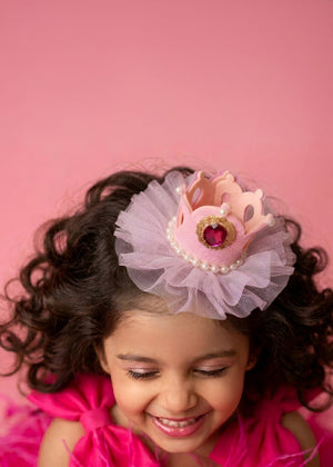 Choko Girls Pink Pearl Bordered Crown Hair Clip With Gold Trim For Birthday Outfits - Gift Hair Accessories