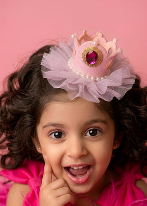 Choko Girls Pink Pearl Bordered Crown Hair Clip With Gold Trim For Birthday Outfits - Gift Hair Accessories