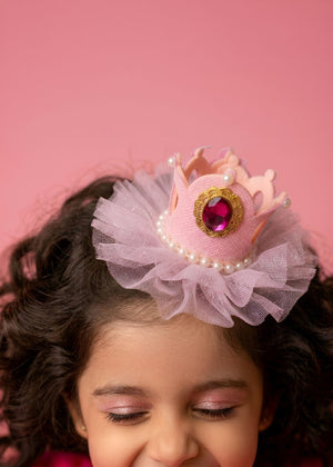 Choko Girls Pink Pearl Bordered Crown Hair Clip With Gold Trim For Birthday Outfits - Gift Hair Accessories