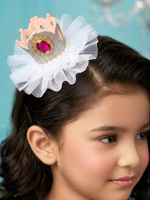Choko Girls Silver Glitter Crown Hair Clip With Pink Gemstone For Holiday Celebrations - Gift Hair Accessories