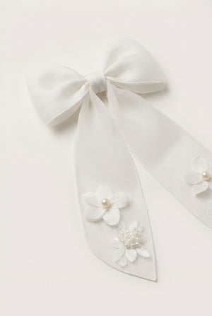 Choko Girls White Organza Bow Alligator Clip With Embroidered Flowers For Festive Parties - Hair Accessories