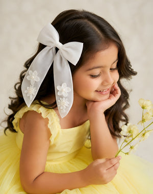 Choko Girls White Organza Bow Alligator Clip With Embroidered Flowers For Festive Parties - Hair Accessories