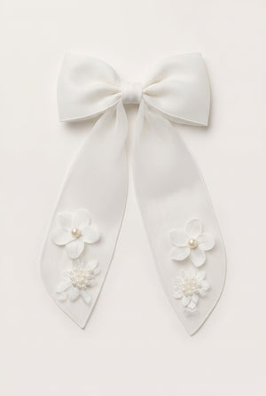 Choko Girls White Organza Bow Alligator Clip With Embroidered Flowers For Festive Parties - Hair Accessories