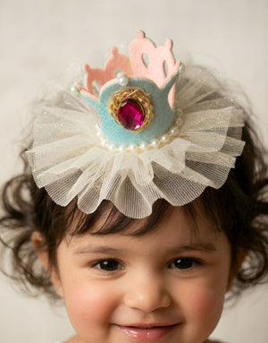 Choko Girls White Ruffled Mesh Crown Hair Clip With Blue Accent For Fancy Photo Shoots - Gift Hair Accessories