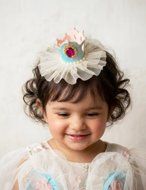 Choko Girls White Ruffled Mesh Crown Hair Clip With Blue Accent For Fancy Photo Shoots - Gift Hair Accessories