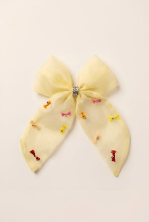 Choko Girls Yellow Long Tail Organza Bow Alligator Clip With Tiny Motifs As Festive Wear - Hair Accessories